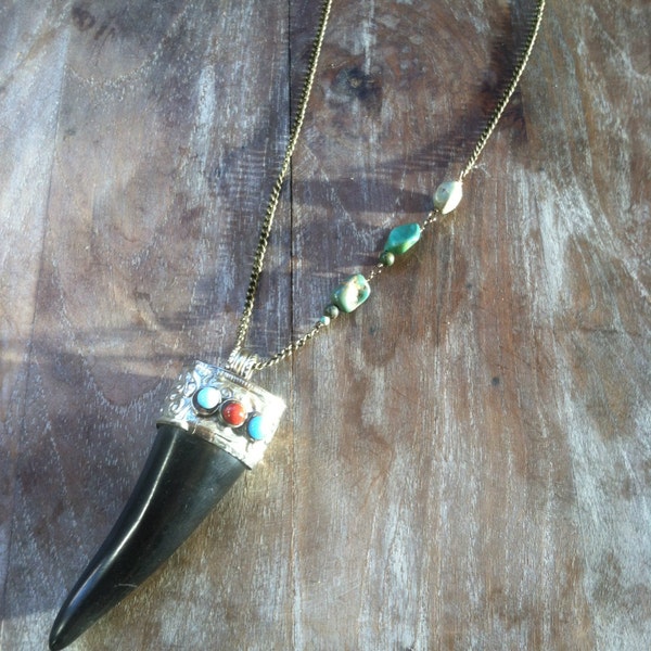 Tibetan horn and turquoise necklace  // spirittribe, statement, holiday, boho, bohemian, stocking stuffer
