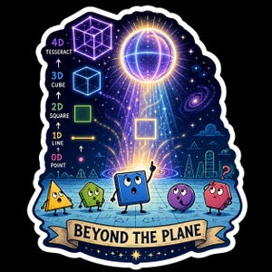 May include: A sticker featuring a colorful illustration of geometric shapes with faces, including a triangle, pentagon, square, circle, and hexagon. Above them, a diagram shows dimensions from 0D to 4D. The text reads BEYOND THE PLANE.