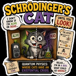 May include: A sticker featuring Schrodinger's Cat in a box with text: "Schrodinger's Cat", "Until you look!", "I don't know if I'm alive or dead", "The setup", "Quantum physics: where cats have an existential crisis", "Probably fine", "Relax... I'm in a box. What could go wrong?"