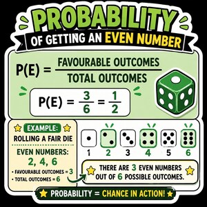 May include: An educational sticker featuring the text PROBABILITY OF GETTING AN EVEN NUMBER. It displays the formula P(E) = FAVOURABLE OUTCOMES / TOTAL OUTCOMES, a green die, and an example showing even numbers 2, 4, 6 on a die with six sides.