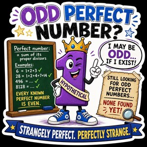 May include: A purple cartoon number one character wearing a gold crown and blue sneakers, standing between a green chalkboard with math text and a parchment sign reading "Still looking for odd perfect numbers... none found yet!" with text.