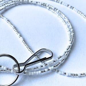 White and Silver Beaded Lanyard, Seed Bead Lanyard, Work Id Necklace, Badge Holder Lanyard, Teacher Lanyard, Handmade, Breakaway Option