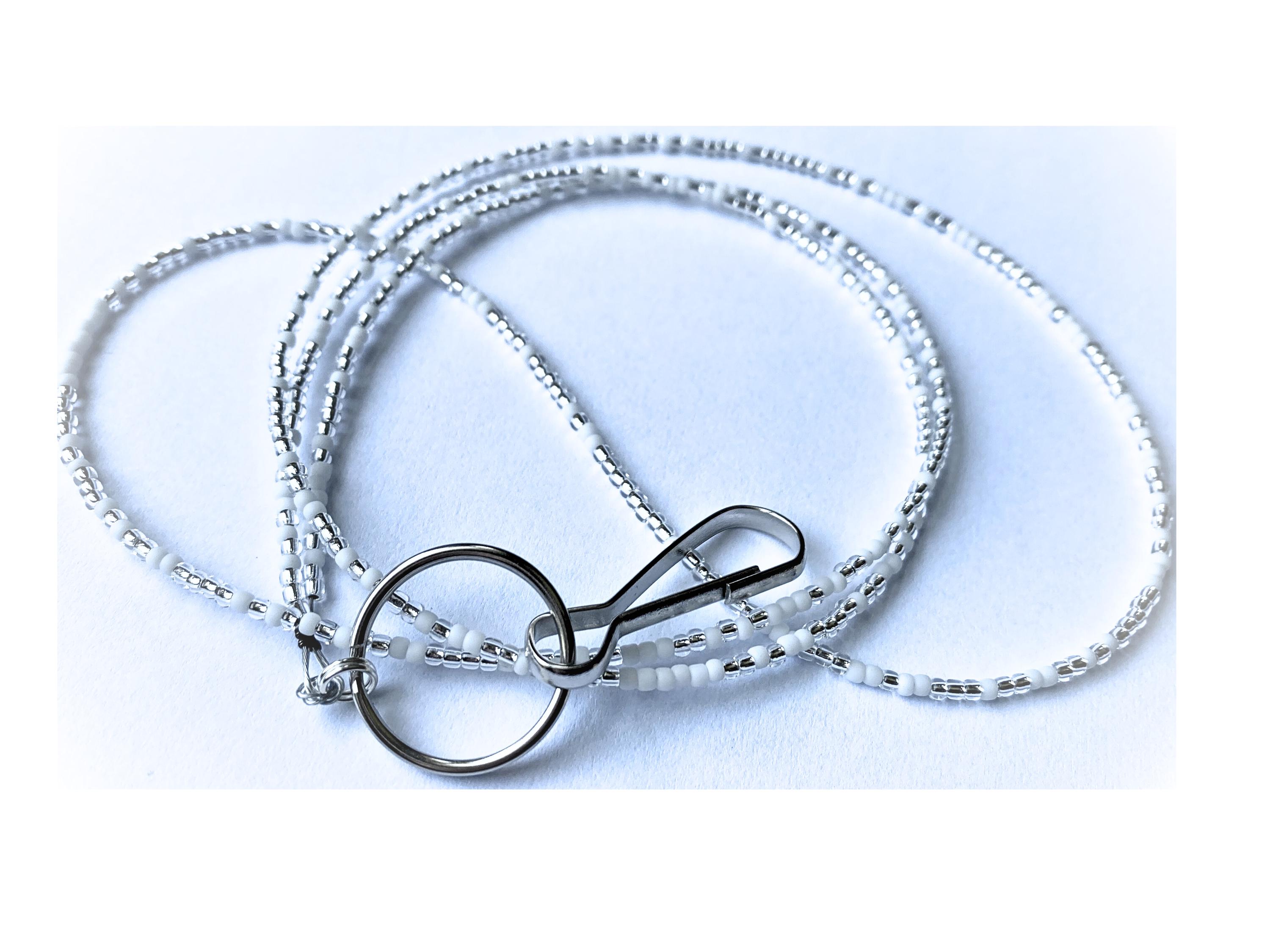 White and Silver Beaded Lanyard, Seed Bead Lanyard, Work Id Necklace, Badge Holder Lanyard, Teacher Lanyard, Handmade, Breakaway Option