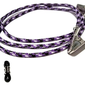 Purple Black and White Paracord Eyeglass Holder - Eyeglass Holder - Glasses Cord - Eyeglass Lanyard - Eyeglass Clip Clear Black Grips 334