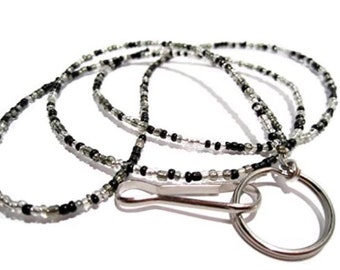 Black Gray Silver Beaded Id Badge Lanyard, SELECT YOUR SIZE, Lightweight Lanyard, Seed Bead Lanyard, Id Card Lanyard, Id Badge Holder