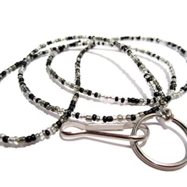 Black Gray Silver Beaded Id Badge Lanyard, SELECT YOUR SIZE, Lightweight Lanyard, Seed Bead Lanyard, Id Card Lanyard, Id Badge Holder