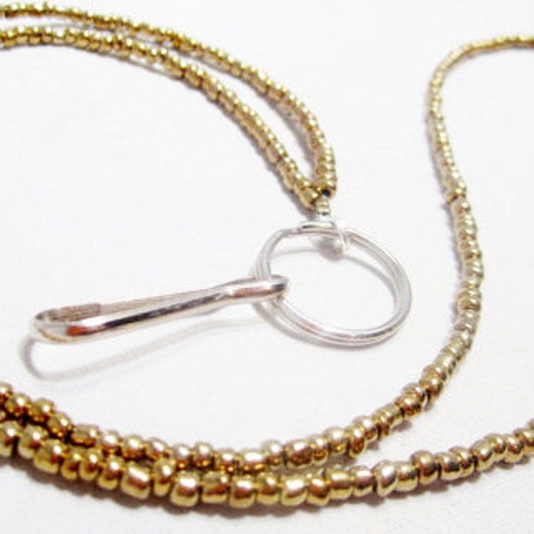 Shimmering Metallic Gold Seed Bead Lanyard, Metallic Gold Simple Beaded Id Tag Holder Lanyard, Lightweight Beaded Lanyard, Christmas Gift