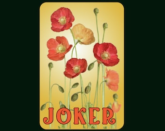 Peut inclure: Une carte à jouer avec un fond jaune et des fleurs de pavot rouges et orange. Le mot "JOKER" est imprimé en orange au bas de la carte.