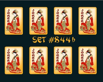 Peut inclure: Huit cartes à jouer avec un motif de geisha. Chaque carte est un Joker et représente une femme en kimono rouge et or. Les cartes sont disposées en deux rangées de quatre. Le texte "SET #844 b" est imprimé sous les cartes.