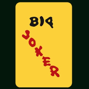 May include: A yellow playing card with the word "JOKER" written diagonally in red and the number "819" written in black at the top.