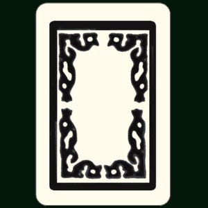 May include: A blank playing card with a black border and a decorative design in the center.