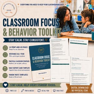 Op de afbeelding: Een digitale toolkit voor klasfocus en gedrag met een donkerblauwe omslag met witte tekst, samen met diverse printbare pagina's zoals een preventiechecklist, wekelijkse gedragstracker, dagelijks rapport en notitiekaarten.