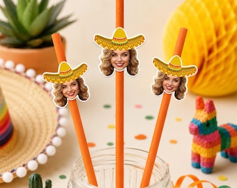 Personalized Face Paper Straws 25 Pack, Custom Photo Hat Topper Straw, Mardi Gras Birthday Bachelorette Custom Party Decor Favors