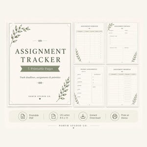 May include: A digital assignment tracker set featuring five printable pages with a cream background, dark green text, and botanical leaf illustrations. The pages include an assignment overview, details, weekly assignments, and progress tracker.