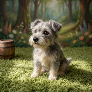 May include: A needle-felted sculpture of a small, scruffy puppy with grey and cream-colored fur. The puppy has dark brown eyes, a black nose, and floppy ears, sitting in a seated position with a textured, shaggy appearance throughout its body.