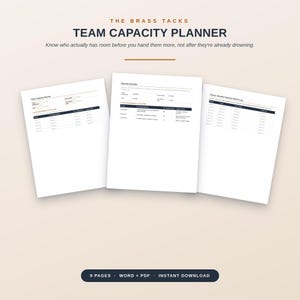 Peut inclure: Un ensemble de documents numériques de planification de capacité d'équipe avec trois pages blanches, des en-têtes et du texte bleu foncé. Le titre indique THE BRASS TACKS TEAM CAPACITY PLANNER. Les pages contiennent des tableaux pour le suivi des tâches, des responsabilités et des revues mensuelles. Un bouton en bas indique 9 PAGES WORD + PDF INSTANT DOWNLOAD.