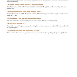 May include: A white document with black text titled 5 Rules for Process Mapping That Actually Reveals What's Broken. It lists five numbered rules with descriptions explaining how to map processes effectively to identify and resolve operational issues.