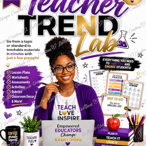 May include: A promotional graphic for Teacher Trend Lab featuring a person with glasses and a purple cardigan sitting behind a laptop with the text Empowered Educators Change Everything. The image includes educational worksheets, a red apple, and pencils.