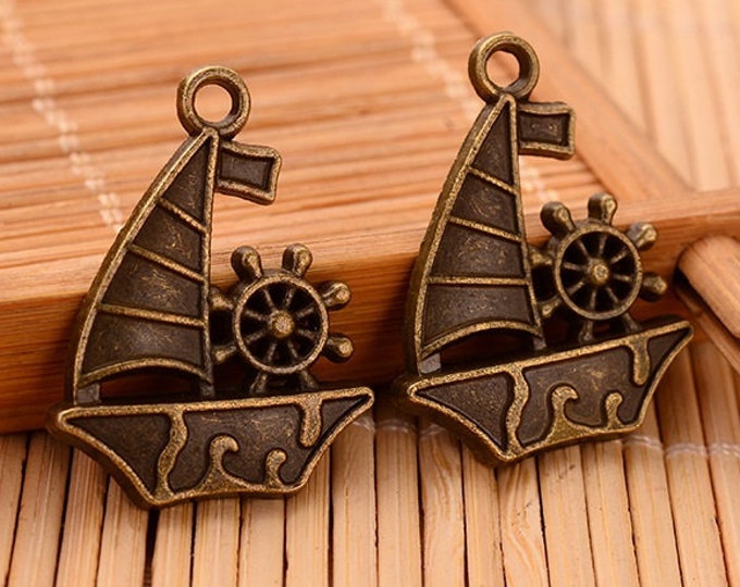 6pc 28x22mm antique bronze finish metal sailor boat pendants-FJ223