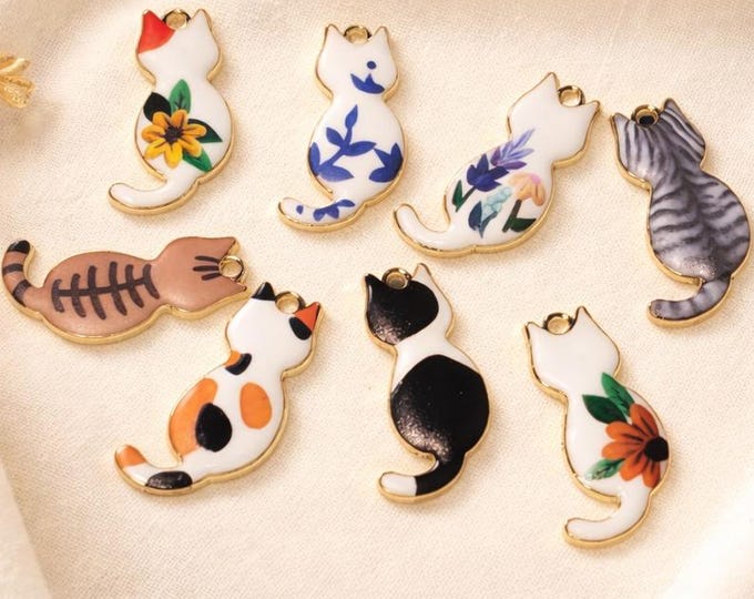 6pc 30x15mm metal with enamel cat pendants mix color