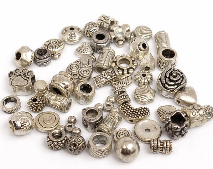 Antique Silver Spacer Beads Mix Lot, 50pcs Assorted Metal Beads, Jewelry Making Supplies