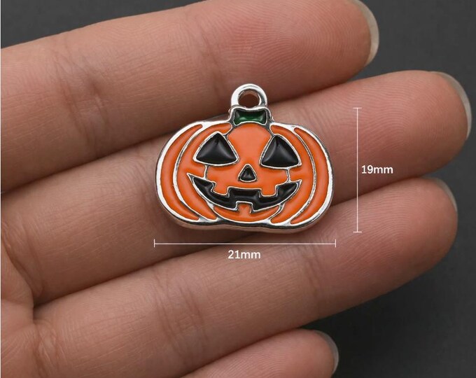 4pcs Halloween Pumpkin Charm – Enamel Floral Pendant for Jewelry Making (19x21mm)