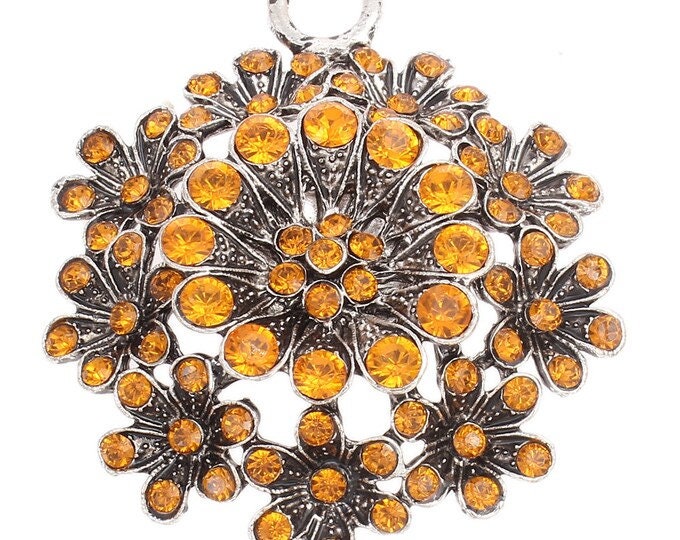 1pc 51x60x11mm antique silver finish metal flower rhinestone pendants-5182e