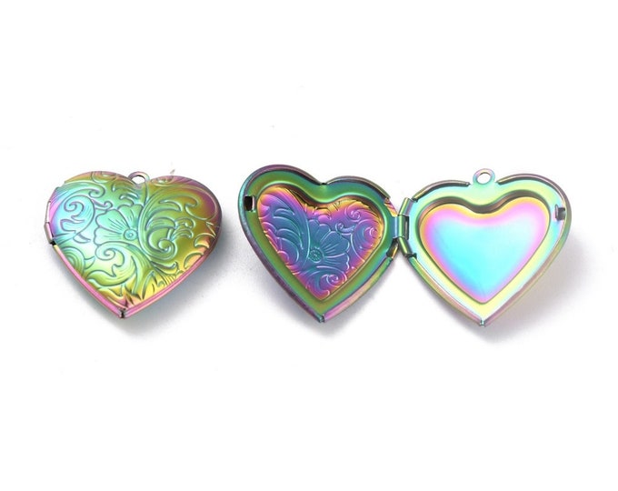 2pc stainless steel made Photo Locket Setting Frame Pendants heart shape rainbow color-R1007