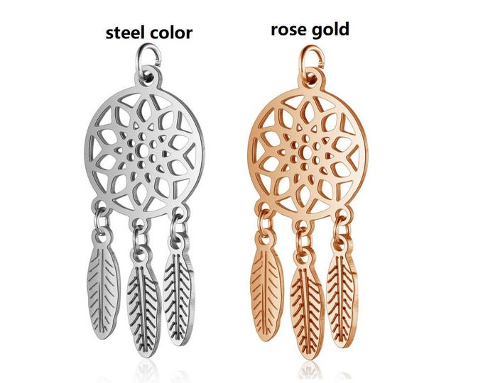 5pc 304 Stainless Steel Pendants, with Jump Rings, Polished, Woven Net/Web with Feather-pls pick color