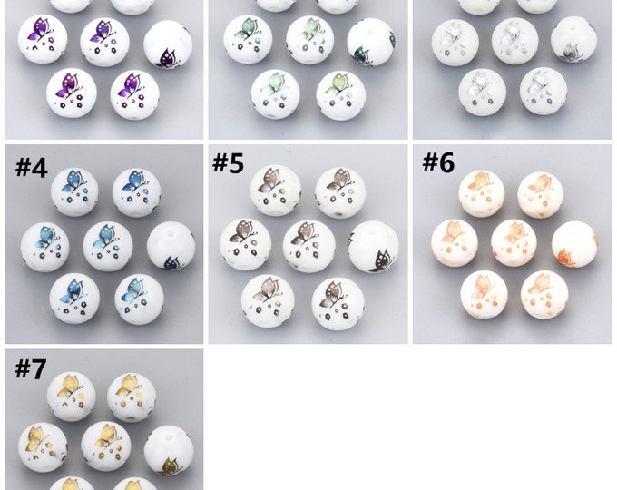 20pc 10mm  Electroplate Transparent Mix color Butterfly Patterned Round Glass Beads - pls pick a color