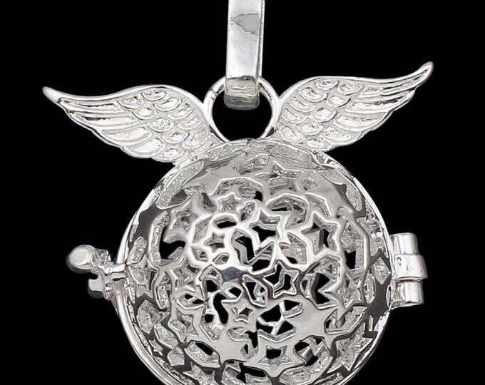2pc angel style metal prayer box bead cage pendant-silver finish -R764