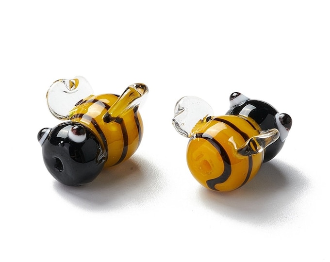2pc Handmade Glass Bee Beads - Yellow and Black Striped Lampwork Beads with Clear Wings - Cute Insect Jewelry Making Supplies