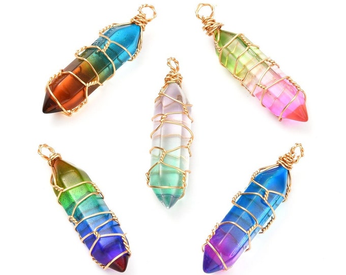 4pc Mix Color Bullet Style Glass Pendants, with Glass Double Terminated Point Beads and Real 18K Gold Plated Brass Findings