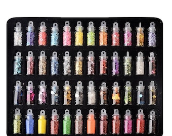 48 Mini Bottles Nail Art Rhinestones Beads Sequins Glitter Tips Decoration Tool Gel Nail Stickers Mixed Design Case Set