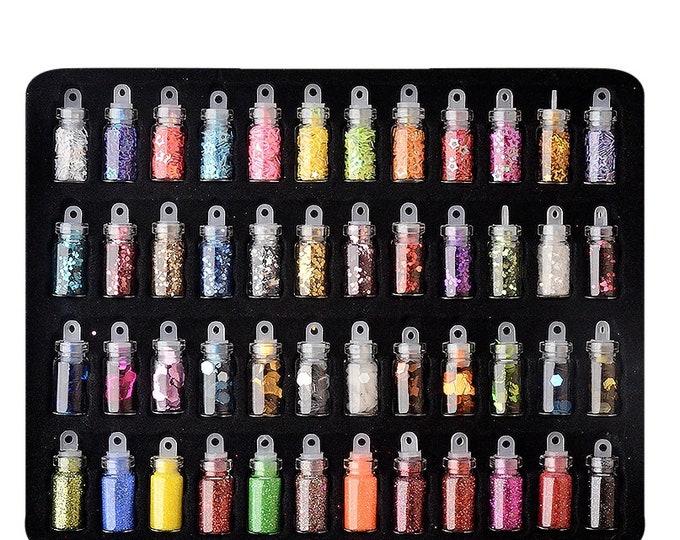 48 Mini Bottles Nail Art Rhinestones Beads Sequins Glitter Tips Decoration Tool Gel Nail Stickers Mixed Design Case Set