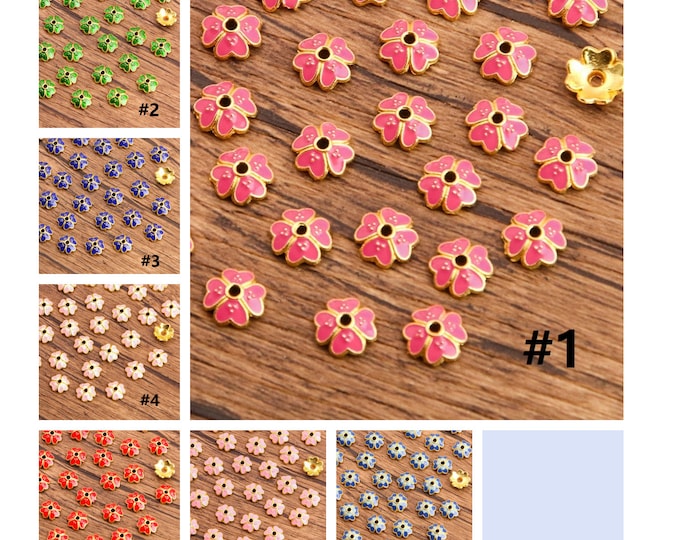 10pc  7.5mm metal with enamel flower bead caps-pls pick a color