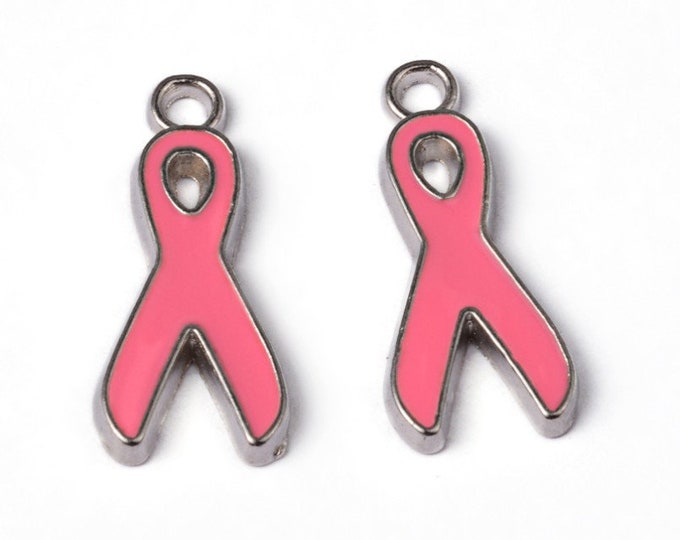 6pc  19x8mm  Breast Cancer Pink Awareness Ribbon metal  enamel charms-bak141h