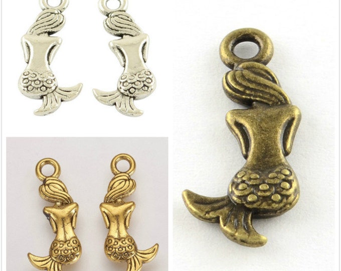 Antique Mermaid Charms – 12pc 20x8.5mm Metal Charms – Choose Gold, Silver, or Bronze
