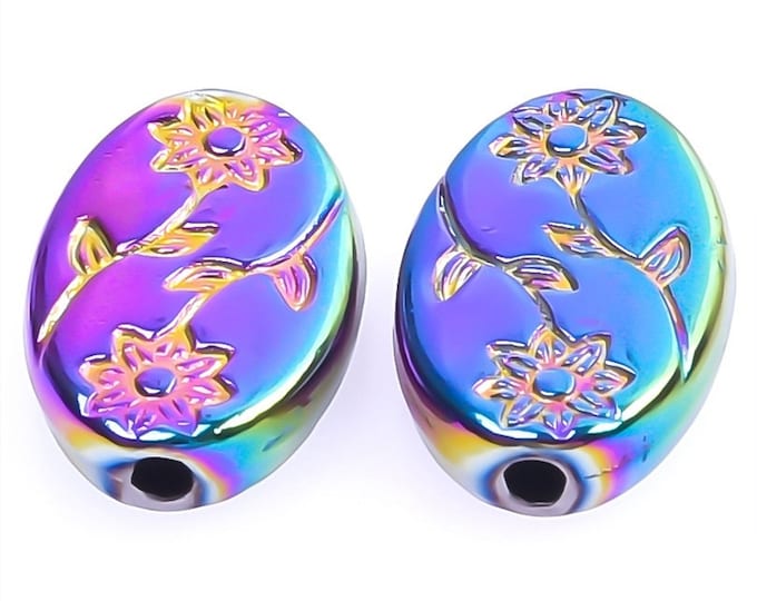 4pc 12.5x8mm oval shape colorful metal flower pattern beads-LL1532