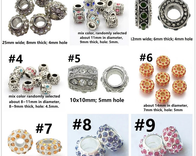5pc Alloy With Rhinestones Large Hole Style European Beads-pls pick a style