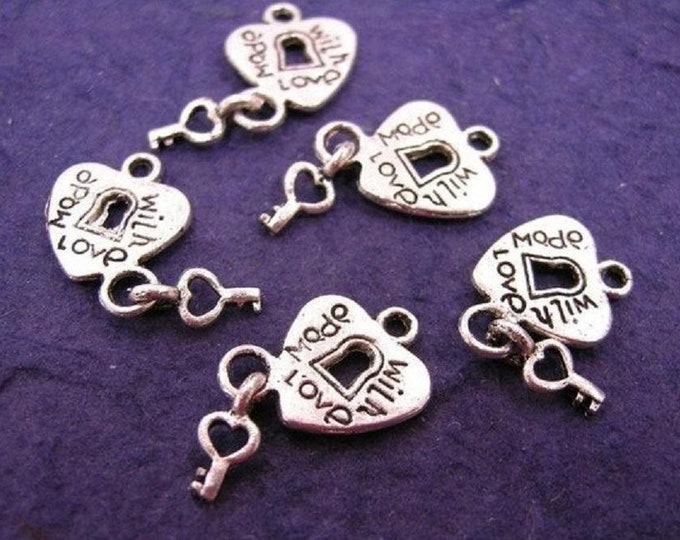12 pc Antique Silver Finish Heart Lock Key Love Pendants-788