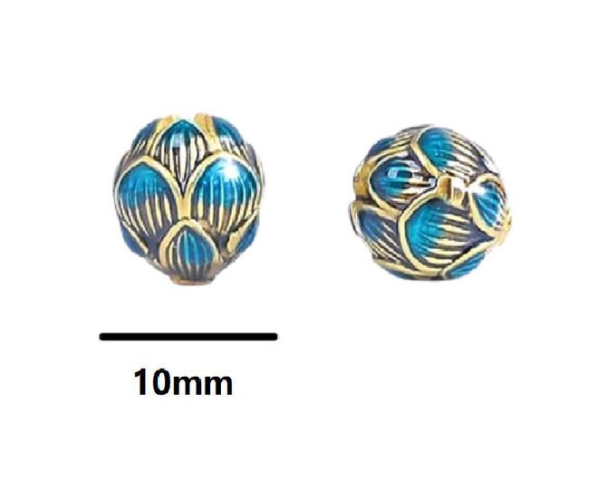 10mm Turquoise Enamel Flower Metal Beads – Pack of 2 Colorful Lotus Beads