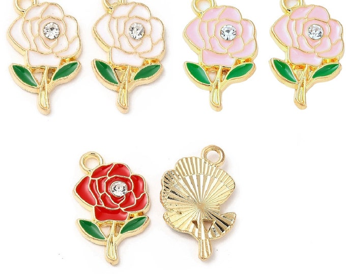 6pc 18x11mm metal with enamel rose with rhinestone pendant -Pls pick a color