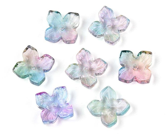 10pcs Baking Painted Transparent Glass Bead Caps, Two Tone, Flower Shape, 10mm
