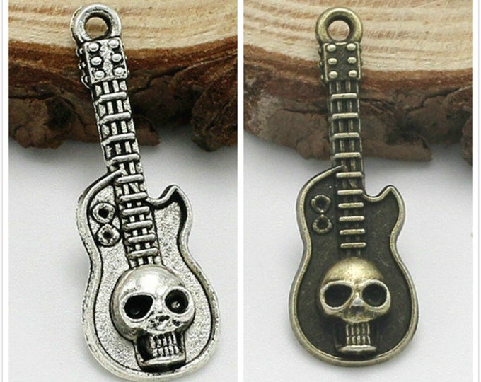 6pc 32x11mm antique finish metal Guitar with skull pendants-pls choose your own color