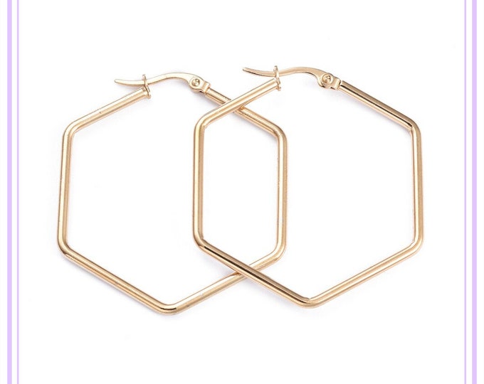 2 pairs Stainless Steel Angular Hoop Earrings, hexagon shape - pls pick a size