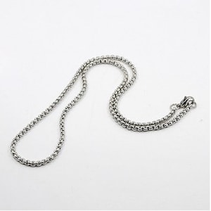 May include: A silver chain necklace with a lobster clasp closure.