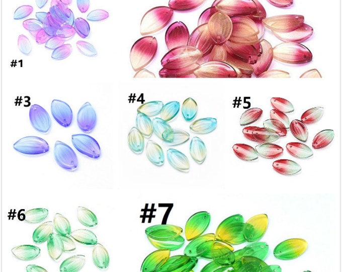 Set of 6 Beautiful 20x12mm Rainbow Glass Leaf Charms/Beads - Choose Your Favorite Color!