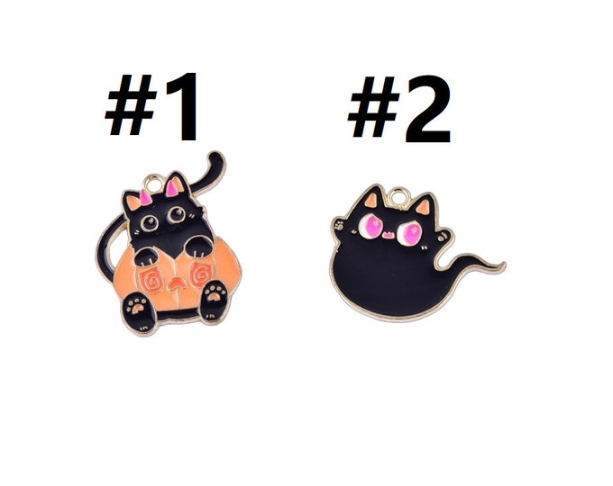 Halloween Theme Alloy Enamel Pendants, Light Gold Tone Cat Charms-4pcs, pls pick a style
