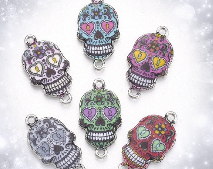5pc 25.5x13.5mm mix color Halloween metal with enamel skull connectors-LV486